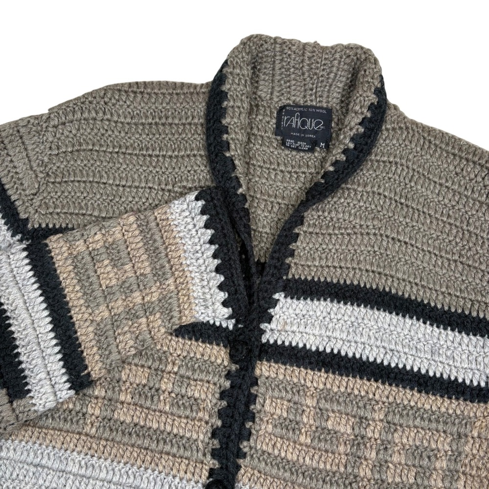 Vtg Rafique Knit Crochet Striped Cardigan Sweater Shawl Collar Women Black Beige